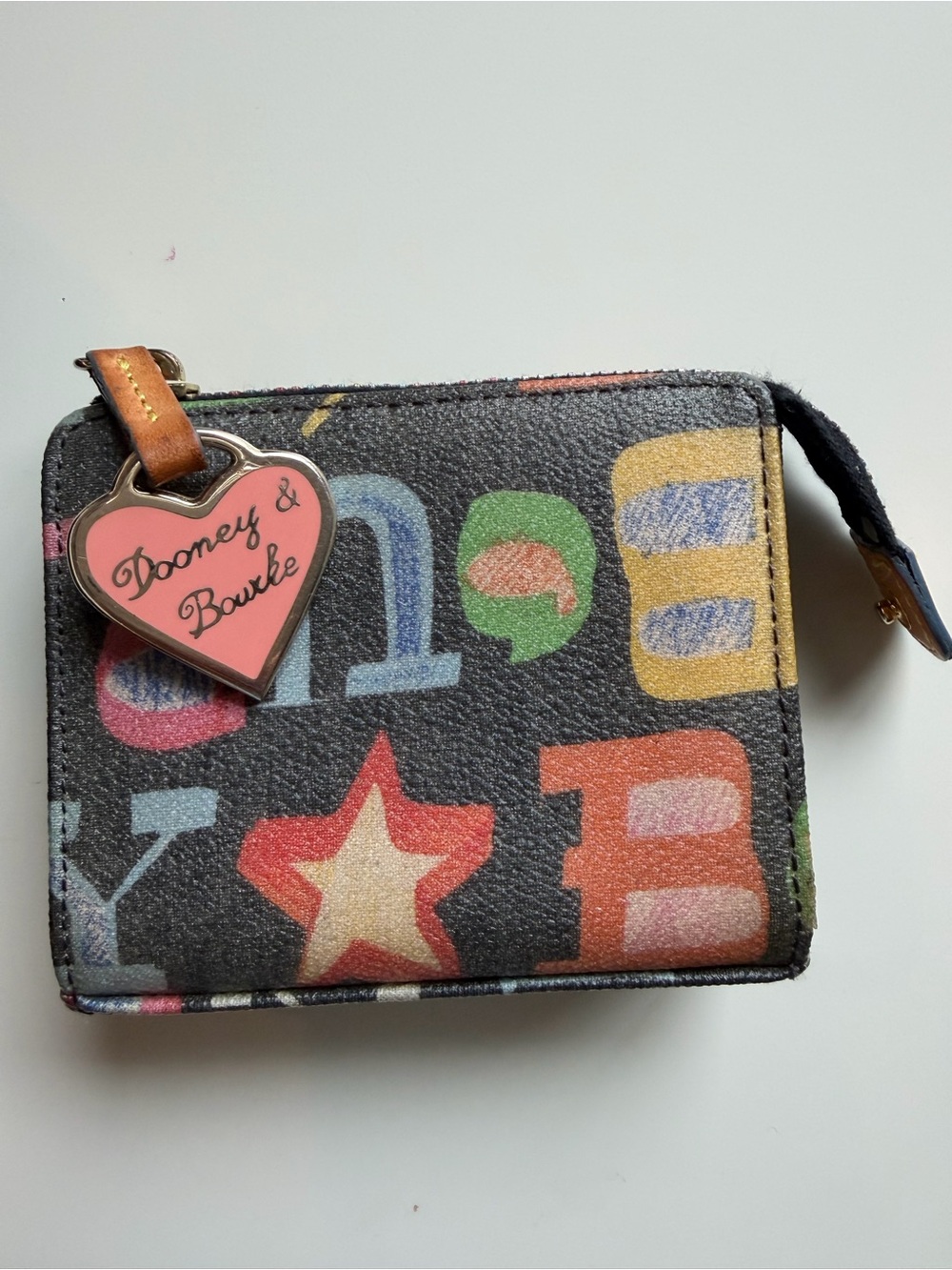 Dooney & Bourke Vintage Doodle Sketch Letter Print Zip Around Coin Purse Wallet